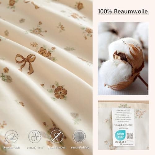 Freyamy Bettwäsche 135x200 cm – 2‑teilig Baumwolle, Floral (Weiß/Rosa/Grün) inkl. Kissenbezug 80x80 cm