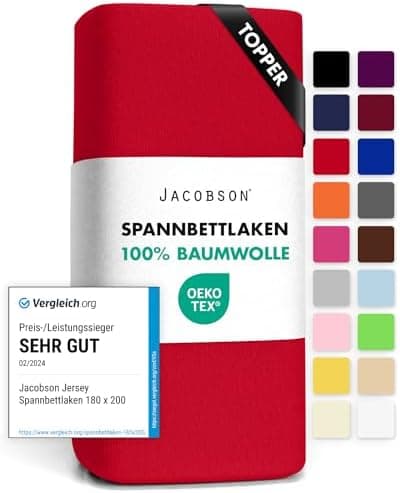 Jacobson Jersey-Spannbettlaken aus Baumwolle – OEKO-TEX STANDARD 100, 180x200–200x200 cm, Weiß