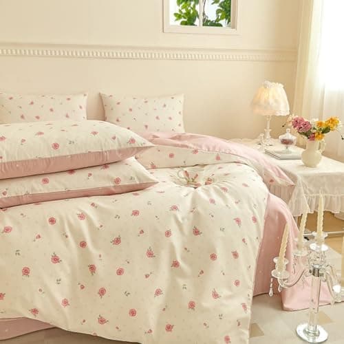 Freyamy Bettwäsche 135x200 cm – 2‑teilig Baumwolle, Floral (Weiß/Rosa/Grün) inkl. Kissenbezug 80x80 cm