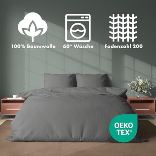 JACOBSON Bettwäsche 135x200 – 100% Baumwolle Perkal, OEKO‑TEX, 2‑teilig (135x200 + 80x80) mit Reißverschluss, Anthrazit