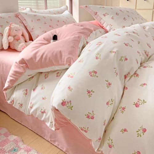 Bettwäsche 135x200 Blumen – Mikrofaser Renforcé, weich & pflegeleicht, Weiß/Rosa Aesthetic Wendebettwäsche 2-teilig mit