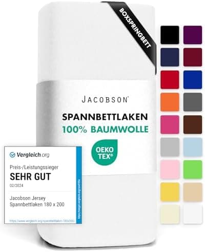 Jacobson Jersey-Spannbettlaken aus Baumwolle – OEKO-TEX STANDARD 100, 180x200–200x200 cm, Weiß