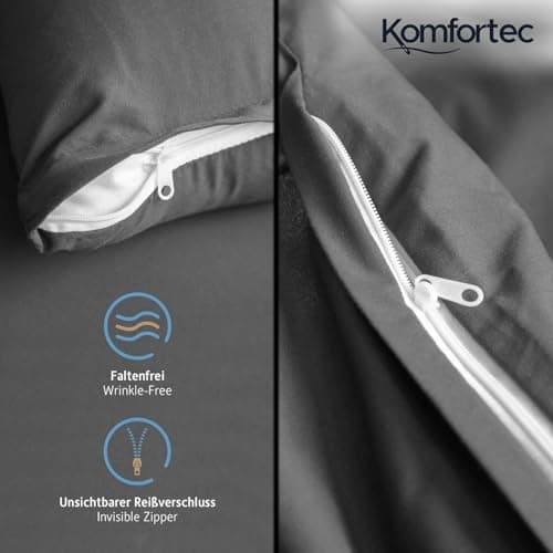 Komfortec Bettwäsche 2‑teilig (Bettbezug 155x220 + Kissenbezug 80x80) – superweiche gebürstete 100% Mikrofaser, Grau, OE