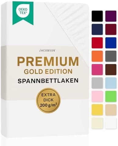 Jacobson Premium Spannbettlaken Jersey 200 g/m² – XL Überlänge für Matratzengrößen 140×200–160×220 cm, Natur