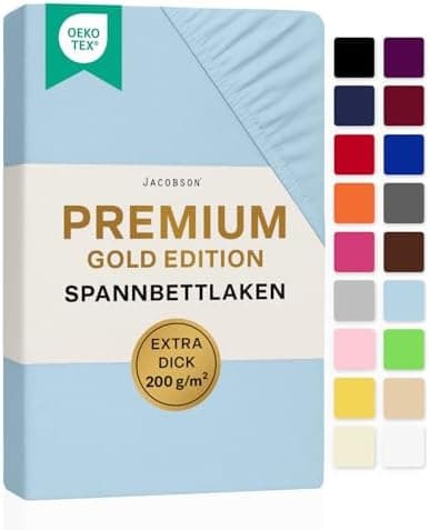 Jacobson Premium Spannbettlaken Jersey 200 g/m² – XL Überlänge für Matratzengrößen 140×200–160×220 cm, Natur