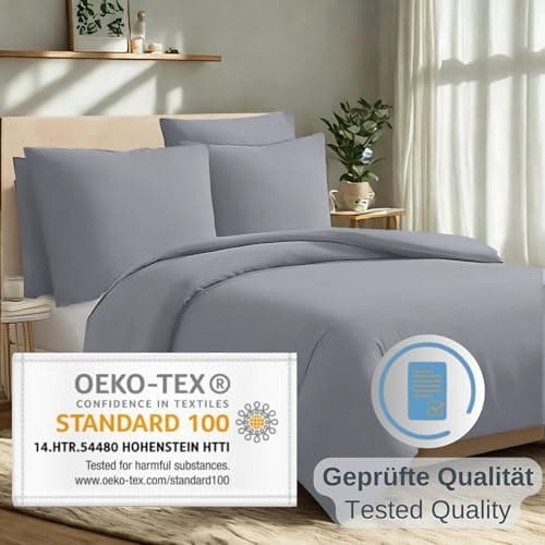 Komfortec Bettwäsche 2‑teilig (Bettbezug 155x220 + Kissenbezug 80x80) – superweiche gebürstete 100% Mikrofaser, Grau, OE