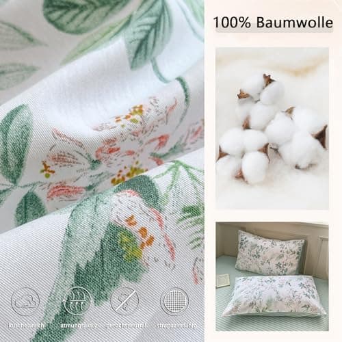 Freyamy Bettwäsche 135x200 cm – 2‑teilig Baumwolle, Floral (Weiß/Rosa/Grün) inkl. Kissenbezug 80x80 cm