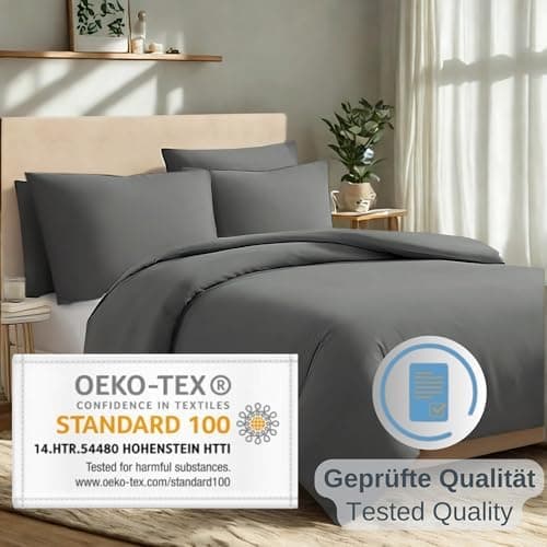 Komfortec Bettwäsche 2‑teilig (Bettbezug 155x220 + Kissenbezug 80x80) – superweiche gebürstete 100% Mikrofaser, Grau, OE