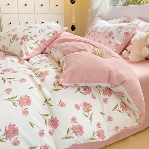 Bettwäsche 135x200 Blumen – Mikrofaser Renforcé, weich & pflegeleicht, Weiß/Rosa Aesthetic Wendebettwäsche 2-teilig mit