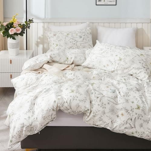 Freyamy Bettwäsche 135x200 cm – 2‑teilig Baumwolle, Floral (Weiß/Rosa/Grün) inkl. Kissenbezug 80x80 cm