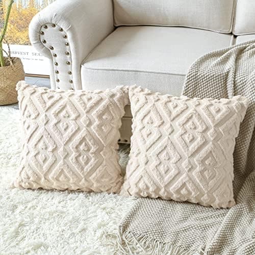 Artscope 2er-Set Kissenbezüge (40x40 cm) – weicher Kurzplüsch Wollsamt, Schneeflocke Creme Beige