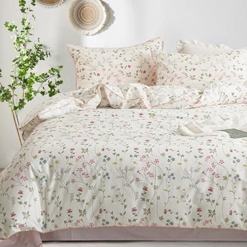 Freyamy Bettwäsche 135x200 cm – 2‑teilig Baumwolle, Floral (Weiß/Rosa/Grün) inkl. Kissenbezug 80x80 cm