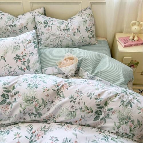 Freyamy Bettwäsche 135x200 cm – 2‑teilig Baumwolle, Floral (Weiß/Rosa/Grün) inkl. Kissenbezug 80x80 cm