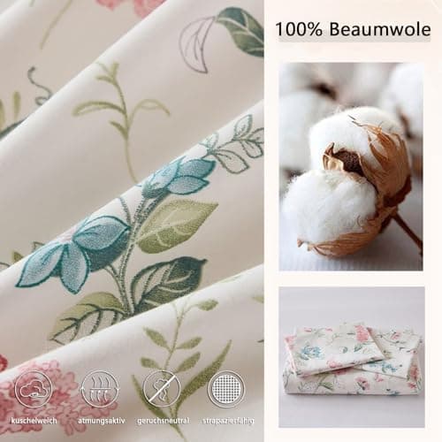 Freyamy Bettwäsche 135x200 cm – 2‑teilig Baumwolle, Floral (Weiß/Rosa/Grün) inkl. Kissenbezug 80x80 cm