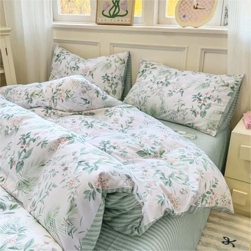 Freyamy Bettwäsche 135x200 cm – 2‑teilig Baumwolle, Floral (Weiß/Rosa/Grün) inkl. Kissenbezug 80x80 cm