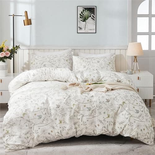 Freyamy Bettwäsche 135x200 cm – 2‑teilig Baumwolle, Floral (Weiß/Rosa/Grün) inkl. Kissenbezug 80x80 cm