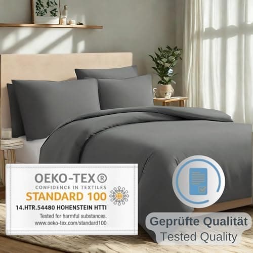 Komfortec Bettwäsche 2‑teilig (Bettbezug 155x220 + Kissenbezug 80x80) – superweiche gebürstete 100% Mikrofaser, Grau, OE