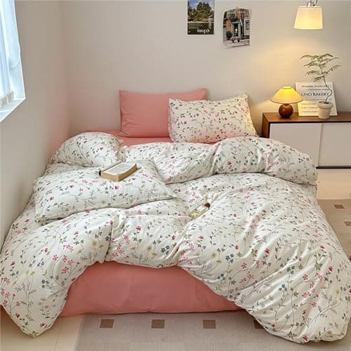 Freyamy Bettwäsche 135x200 cm – 2‑teilig Baumwolle, Floral (Weiß/Rosa/Grün) inkl. Kissenbezug 80x80 cm