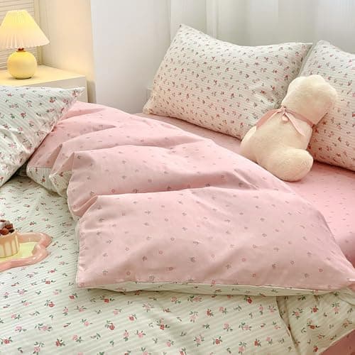 Bettwäsche 135x200 Blumen – Mikrofaser Renforcé, weich & pflegeleicht, Weiß/Rosa Aesthetic Wendebettwäsche 2-teilig mit