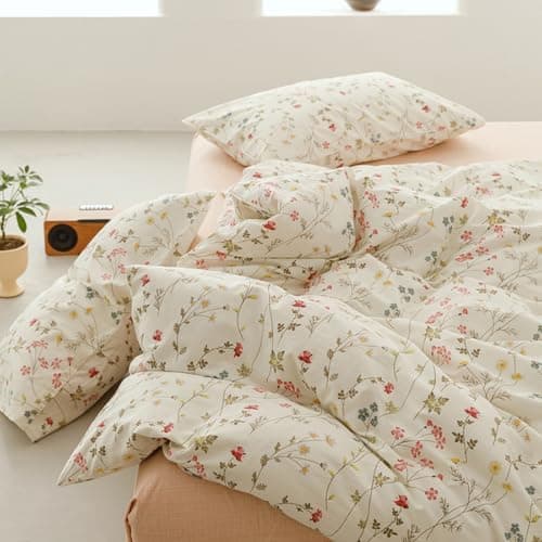 Freyamy Bettwäsche 135x200 cm – 2‑teilig Baumwolle, Floral (Weiß/Rosa/Grün) inkl. Kissenbezug 80x80 cm