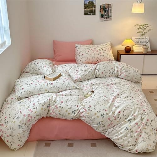 Freyamy Bettwäsche 135x200 cm – 2‑teilig Baumwolle, Floral (Weiß/Rosa/Grün) inkl. Kissenbezug 80x80 cm