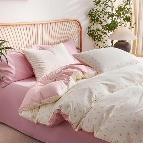 Freyamy Bettwäsche 135x200 cm – 2‑teilig Baumwolle, Floral (Weiß/Rosa/Grün) inkl. Kissenbezug 80x80 cm