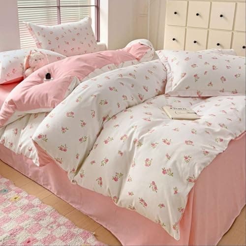 Bettwäsche 135x200 Blumen – Mikrofaser Renforcé, weich & pflegeleicht, Weiß/Rosa Aesthetic Wendebettwäsche 2-teilig mit