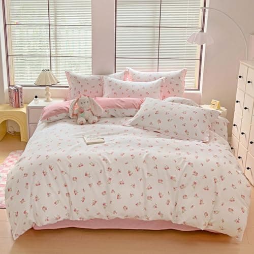 Bettwäsche 135x200 Blumen – Mikrofaser Renforcé, weich & pflegeleicht, Weiß/Rosa Aesthetic Wendebettwäsche 2-teilig mit