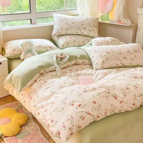 Bettwäsche 135x200 Blumen – Mikrofaser Renforcé, weich & pflegeleicht, Weiß/Rosa Aesthetic Wendebettwäsche 2-teilig mit