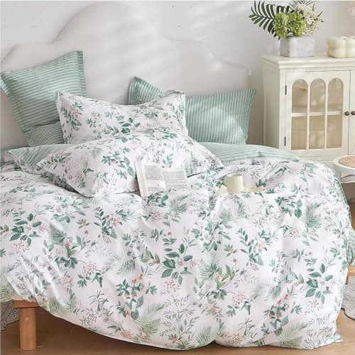 Freyamy Bettwäsche 135x200 cm – 2‑teilig Baumwolle, Floral (Weiß/Rosa/Grün) inkl. Kissenbezug 80x80 cm