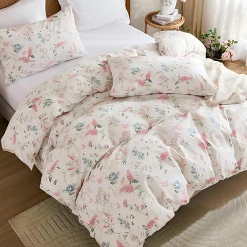 Freyamy Bettwäsche 135x200 cm – 2‑teilig Baumwolle, Floral (Weiß/Rosa/Grün) inkl. Kissenbezug 80x80 cm