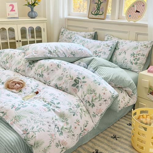 Freyamy Bettwäsche 135x200 cm – 2‑teilig Baumwolle, Floral (Weiß/Rosa/Grün) inkl. Kissenbezug 80x80 cm