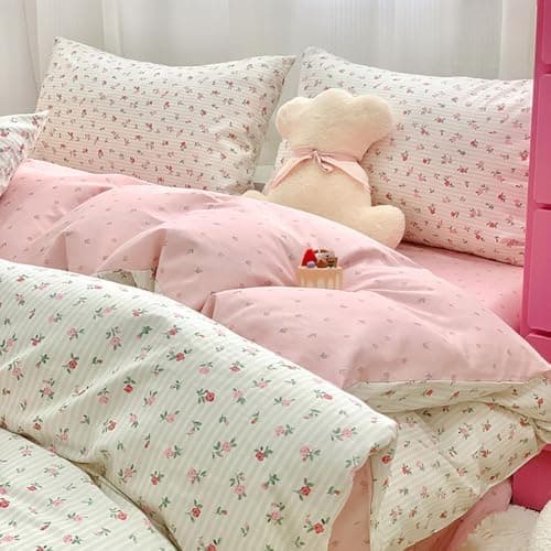 Bettwäsche 135x200 Blumen – Mikrofaser Renforcé, weich & pflegeleicht, Weiß/Rosa Aesthetic Wendebettwäsche 2-teilig mit