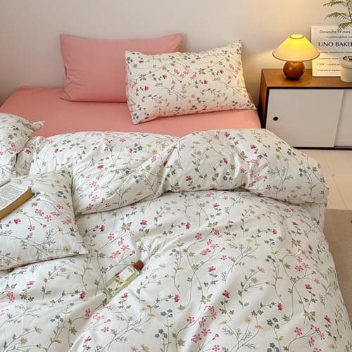 Freyamy Bettwäsche 135x200 cm – 2‑teilig Baumwolle, Floral (Weiß/Rosa/Grün) inkl. Kissenbezug 80x80 cm
