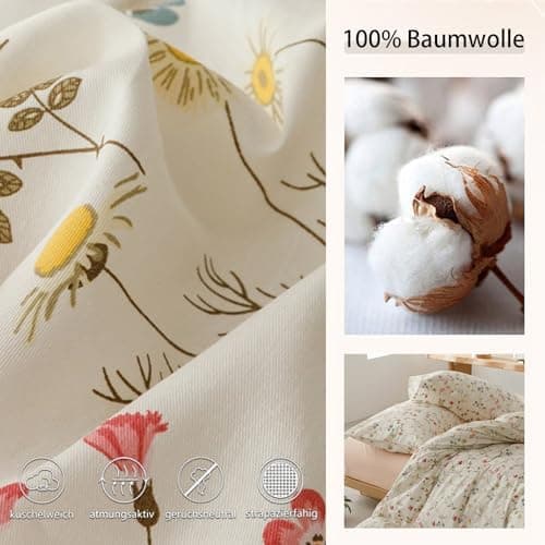 Freyamy Bettwäsche 135x200 cm – 2‑teilig Baumwolle, Floral (Weiß/Rosa/Grün) inkl. Kissenbezug 80x80 cm