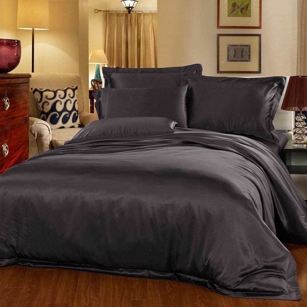 100% Maulbeerseide Bettbezug 200x220 – Luxus 19 Momme, 4‑teiliges Set, Einfarbig Schwarz, Hypoallergen & Atmungsaktiv

L