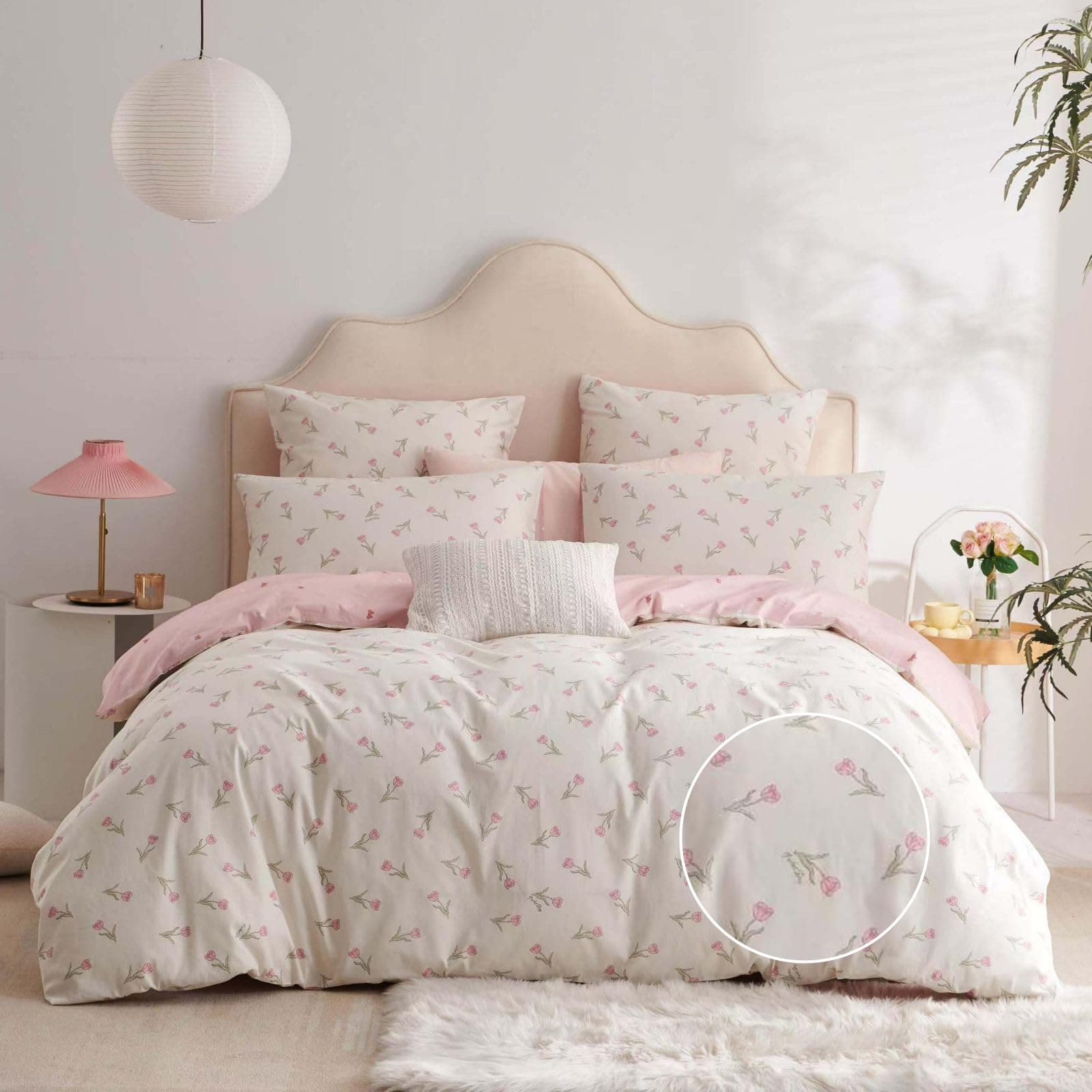Freyamy Bettwäsche 135x200 cm – 2‑teilig Baumwolle, Floral (Weiß/Rosa/Grün) inkl. Kissenbezug 80x80 cm