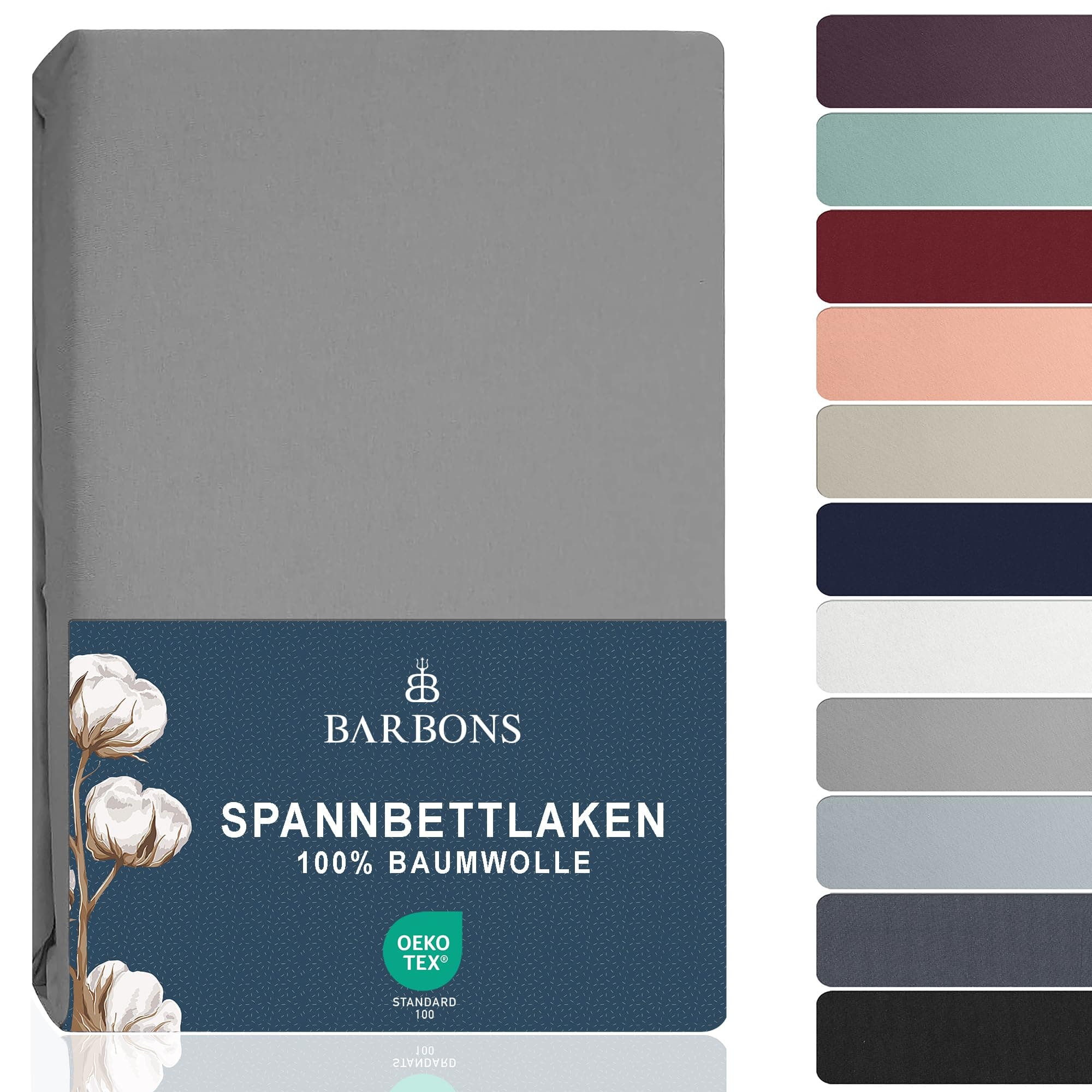 BARBONS Spannbettlaken 140x200 cm – 100% Baumwolle Jersey, für Boxspringbett & Matratzen bis 27 cm – Hellgrau
